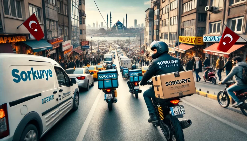 Bir İstanbul sokağında trafikte ilerleyen bir motosikletli kurye. Kurye, üzerinde Sorkurye yazılı bir ceket ve kask takıyor, bir teslimat kutusu taşıyor. Arka planda İstanbul’un ikonik silueti ve yoğun sokaklar, yürüyen insanlar ve hareket eden arabalar görünüyor.