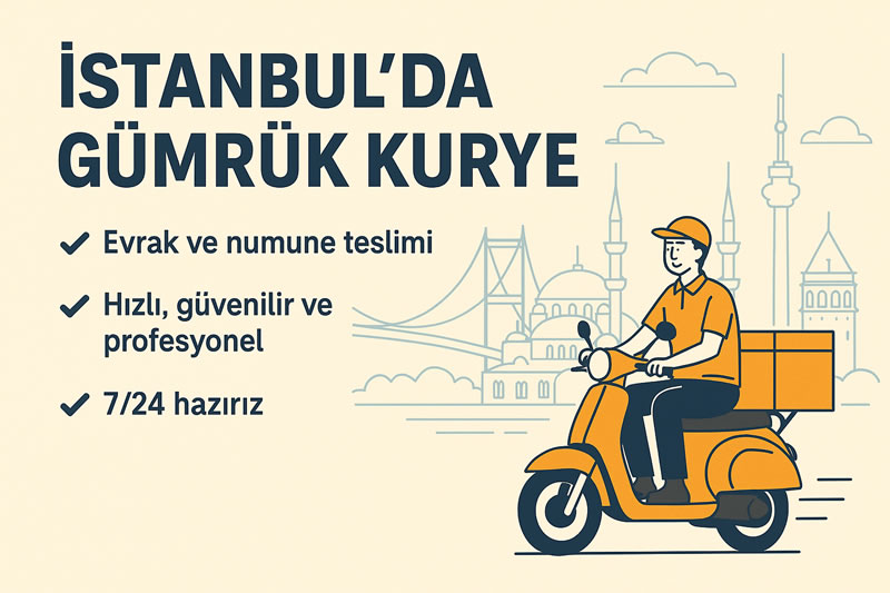 İstanbul’da gümrük kurye hizmeti sunan moto kurye ve şehir silueti
