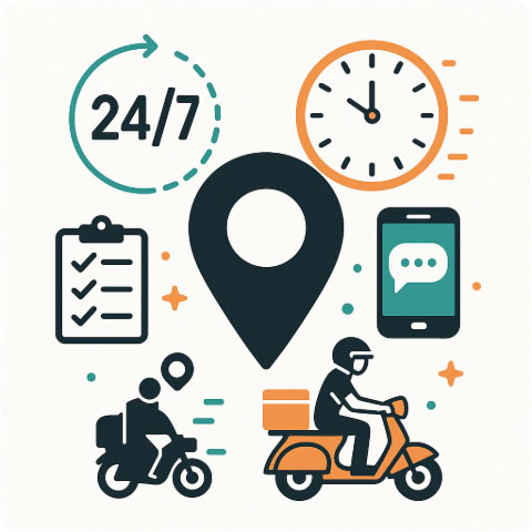 7/24 hizmet, hızlı teslimat, mobil iletişim ve kurye takibini simgeleyen ikonlarla tasarlanmış, moto kurye hizmetinin avantajlarını anlatan sade çizim.